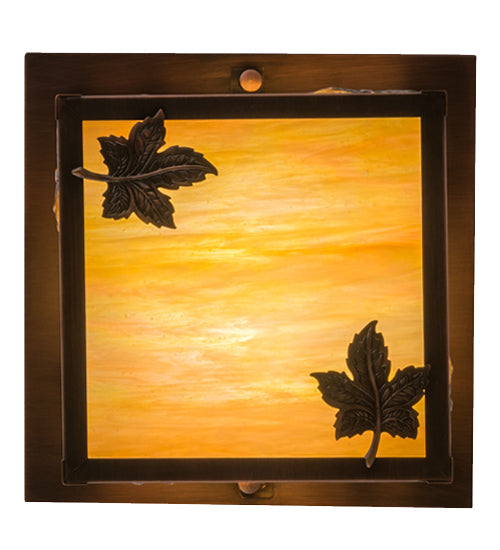 Meyda Lighting Hyde Park 14" Antique Copper Maple Leaf Flush Mount Light With Beige Iridescent Shade Glass