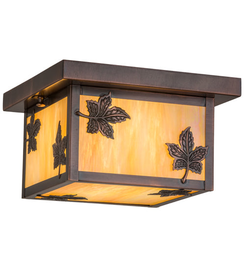 Meyda Lighting Hyde Park 14" Antique Copper Maple Leaf Flush Mount Light With Beige Iridescent Shade Glass