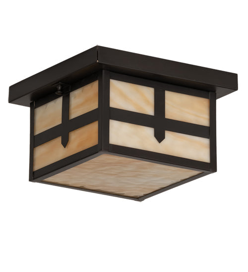 Meyda Lighting Hyde Park 14" Craftsman Brown Cross Mission Flush Mount Light With Beige Art Shade Glass