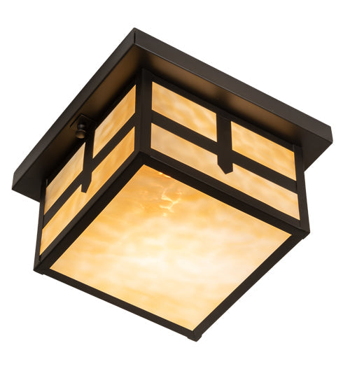 Meyda Lighting Hyde Park 14" Craftsman Brown Cross Mission Flush Mount Light With Beige Art Shade Glass