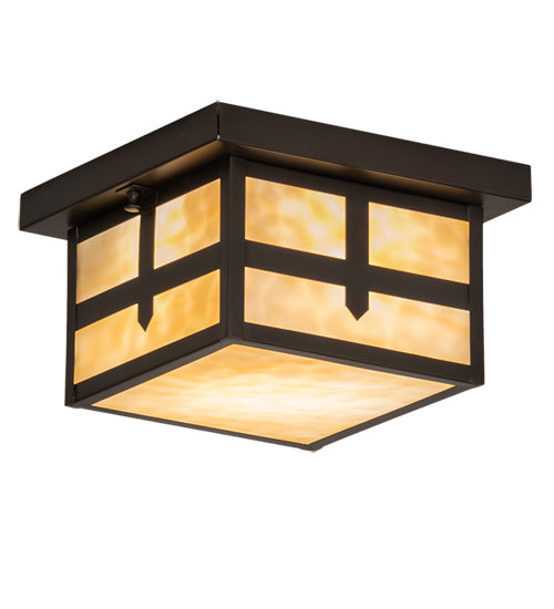 Meyda Lighting Hyde Park 14" Craftsman Brown Cross Mission Flush Mount Light With Beige Art Shade Glass