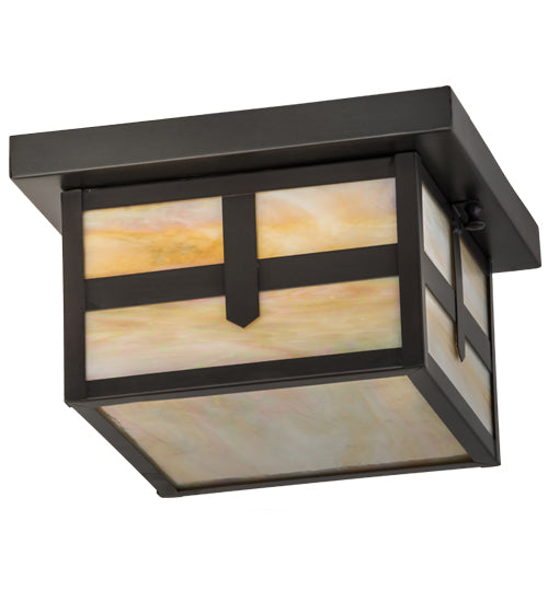 Meyda Lighting Hyde Park 14" Craftsman Brown Cross Mission Flush Mount Light With Beige Iridescent Shade Glass