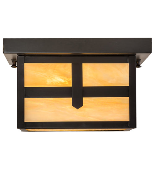 Meyda Lighting Hyde Park 14" Craftsman Brown Cross Mission Flush Mount Light With Beige Iridescent Shade Glass