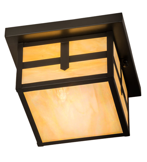 Meyda Lighting Hyde Park 14" Craftsman Brown Cross Mission Flush Mount Light With Beige Iridescent Shade Glass