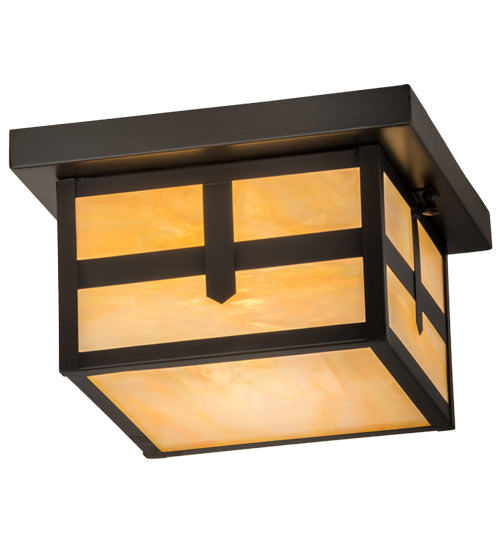 Meyda Lighting Hyde Park 14" Craftsman Brown Cross Mission Flush Mount Light With Beige Iridescent Shade Glass