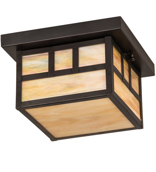 Meyda Lighting Hyde Park 14" Craftsman Brown Double Bar Mission Flush Mount Light With Beige Iridescent Shade Glass