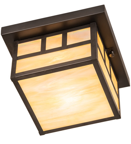 Meyda Lighting Hyde Park 14" Craftsman Brown Double Bar Mission Flush Mount Light With Beige Iridescent Shade Glass