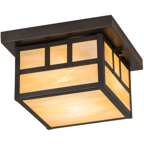 Meyda Lighting Hyde Park 14" Craftsman Brown Double Bar Mission Flush Mount Light With Beige Iridescent Shade Glass