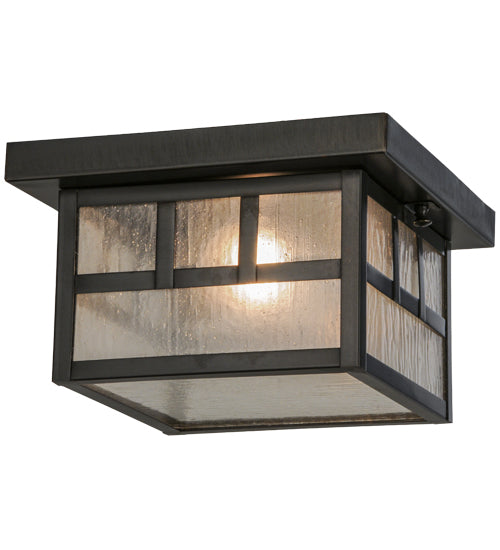 Meyda Lighting Hyde Park 14" Craftsman Brown Double Bar Mission Flush Mount Light With Clear Seeded Shade Glass