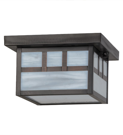 Meyda Lighting Hyde Park 14" Craftsman Brown Double Bar Mission Flush Mount Light With White Art Shade Glass