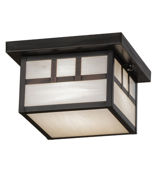 Meyda Lighting Hyde Park 14" Craftsman Brown Double Bar Mission Flush Mount Light With White Art Shade Glass