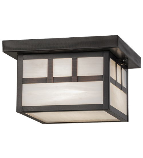 Meyda Lighting Hyde Park 14" Craftsman Brown Double Bar Mission Flush Mount Light With White Art Shade Glass