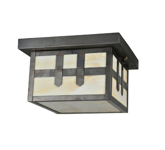 Meyda Lighting Hyde Park 14" Craftsman Brown Double Cross Mission Flush Mount Light With Beige Art Shade Glass