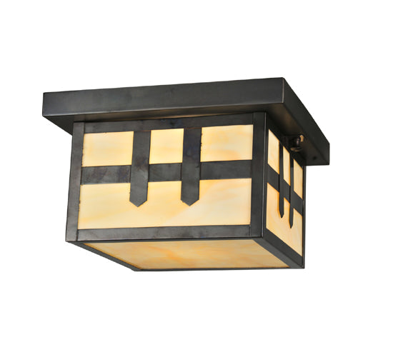 Meyda Lighting Hyde Park 14" Craftsman Brown Double Cross Mission Flush Mount Light With Beige Art Shade Glass