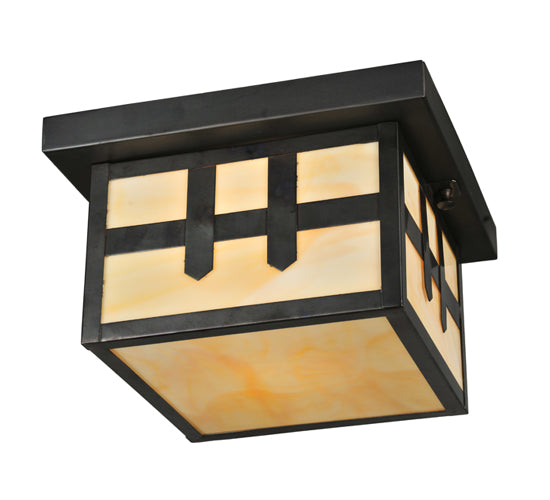 Meyda Lighting Hyde Park 14" Craftsman Brown Double Cross Mission Flush Mount Light With Beige Art Shade Glass