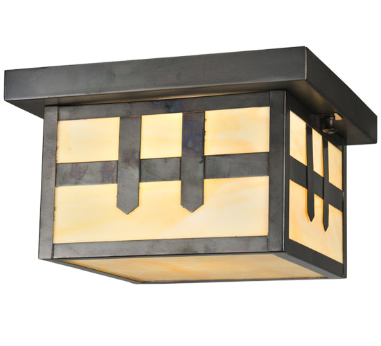 Meyda Lighting Hyde Park 14" Craftsman Brown Double Cross Mission Flush Mount Light With Beige Art Shade Glass