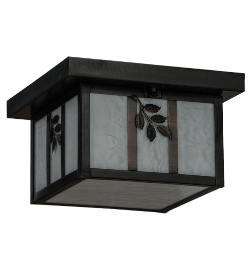 Meyda Lighting Hyde Park 14" Craftsman Brown Flush Mount Light With White Art Shade Glass