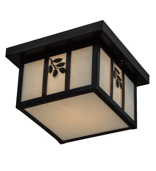 Meyda Lighting Hyde Park 14" Craftsman Brown Flush Mount Light With White Art Shade Glass