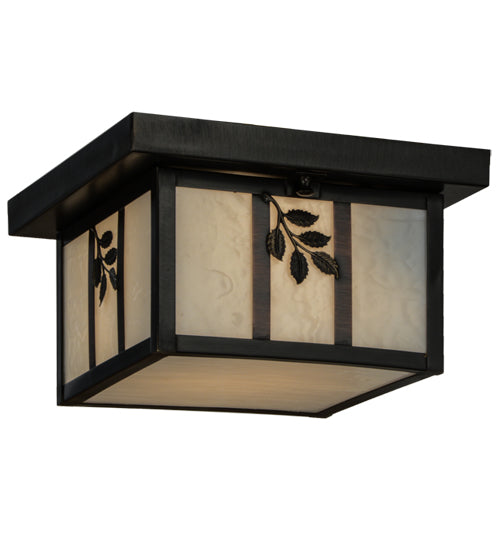 Meyda Lighting Hyde Park 14" Craftsman Brown Flush Mount Light With White Art Shade Glass