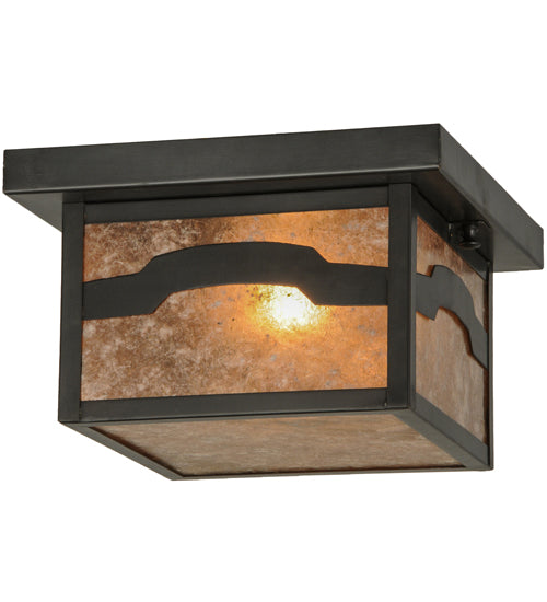 Meyda Lighting Hyde Park 14" Craftsman Brown Mountain View Flush Mount Light With Silver Mica Shade Glass