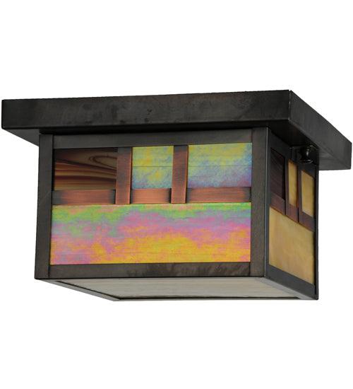 Meyda Lighting Hyde Park 14" Craftsman Brown On Brass Double Bar Mission Flush Mount Light With Beige Iridescent Shade Glass