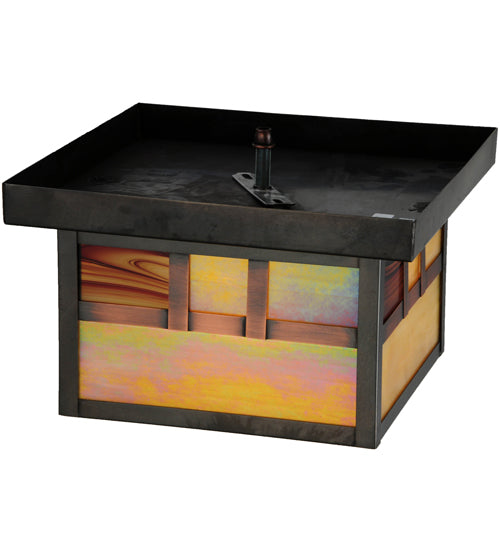 Meyda Lighting Hyde Park 14" Craftsman Brown On Brass Double Bar Mission Flush Mount Light With Beige Iridescent Shade Glass