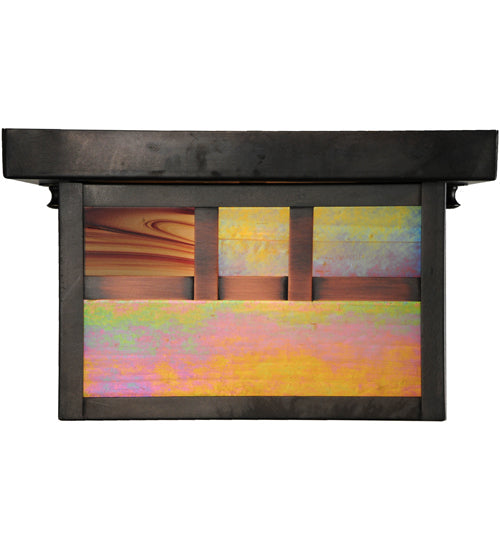 Meyda Lighting Hyde Park 14" Craftsman Brown On Brass Double Bar Mission Flush Mount Light With Beige Iridescent Shade Glass