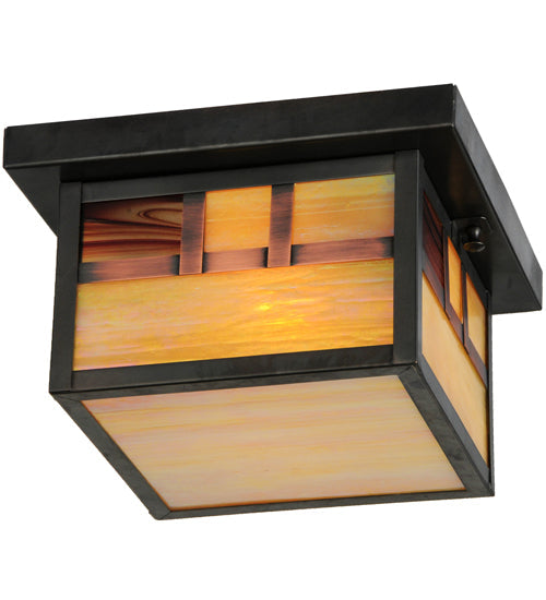 Meyda Lighting Hyde Park 14" Craftsman Brown On Brass Double Bar Mission Flush Mount Light With Beige Iridescent Shade Glass