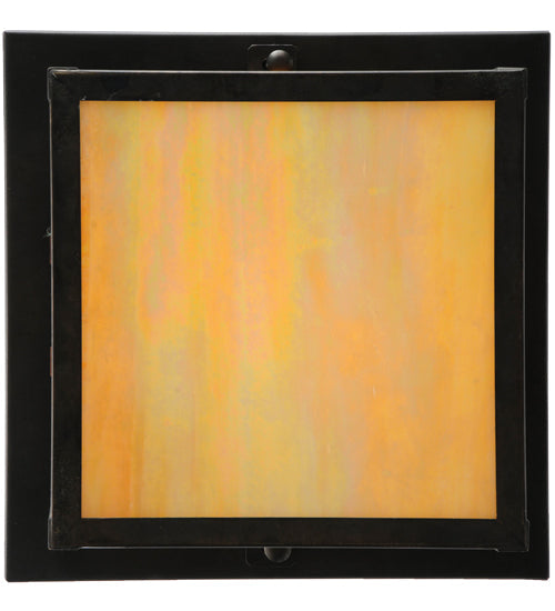 Meyda Lighting Hyde Park 14" Craftsman Brown On Brass Double Bar Mission Flush Mount Light With Beige Iridescent Shade Glass