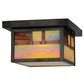Meyda Lighting Hyde Park 14" Craftsman Brown On Brass Double Bar Mission Flush Mount Light With Beige Iridescent Shade Glass