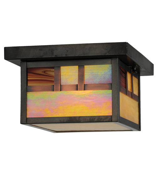 Meyda Lighting Hyde Park 14" Craftsman Brown On Brass Double Bar Mission Flush Mount Light With Beige Iridescent Shade Glass