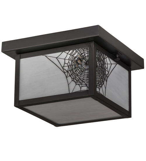 Meyda Lighting Hyde Park 14" Craftsman Brown Spider Web Flush Mount Light With White Art Shade Glass