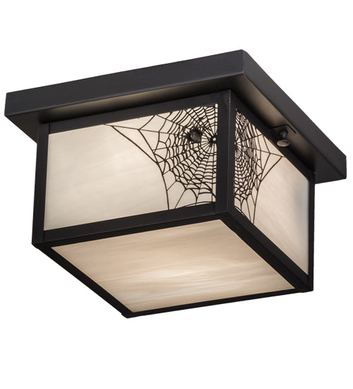 Meyda Lighting Hyde Park 14" Craftsman Brown Spider Web Flush Mount Light With White Art Shade Glass