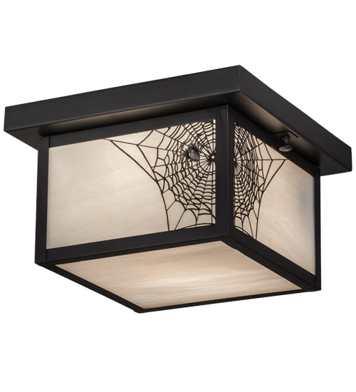 Meyda Lighting Hyde Park 14" Craftsman Brown Spider Web Flush Mount Light With White Art Shade Glass