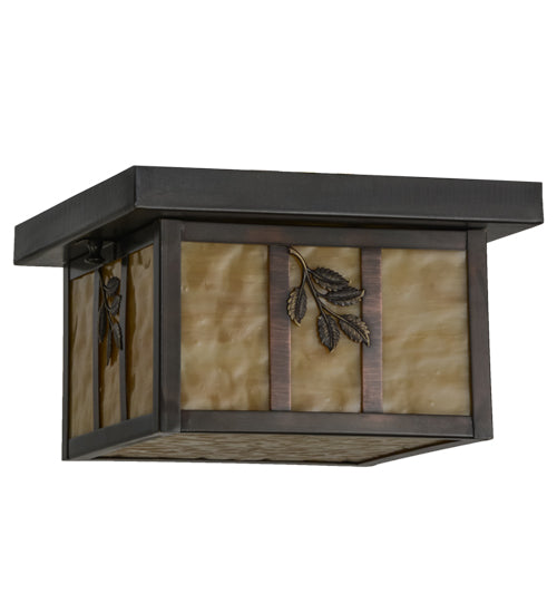 Meyda Lighting Hyde Park 14" Craftsman Brown Sprig Flush Mount Light With Beige Art Shade Glass