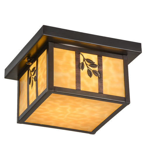 Meyda Lighting Hyde Park 14" Craftsman Brown Sprig Flush Mount Light With Beige Art Shade Glass