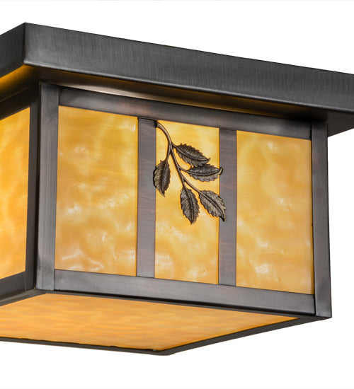 Meyda Lighting Hyde Park 14" Craftsman Brown Sprig Flush Mount Light With Beige Art Shade Glass