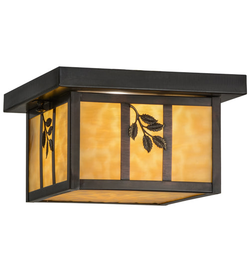 Meyda Lighting Hyde Park 14" Craftsman Brown Sprig Flush Mount Light With Beige Art Shade Glass