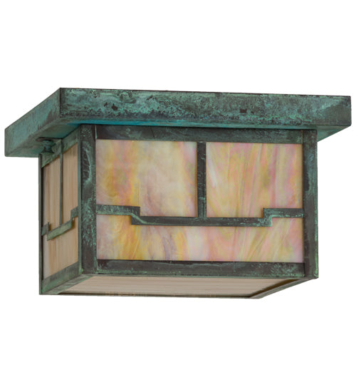 Meyda Lighting Hyde Park 14" Verdigris Valley View Flush Mount Light With Beige Iridescent Shade Glass