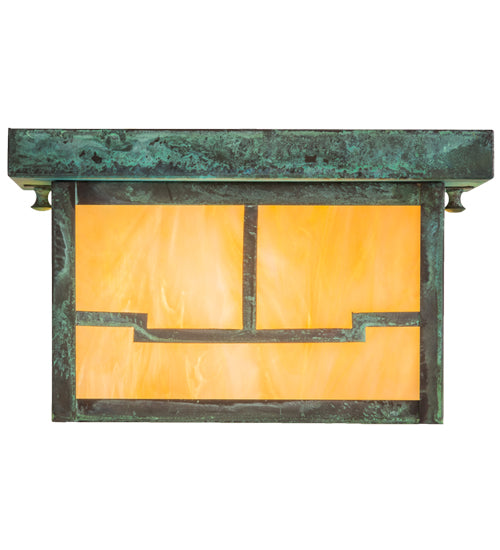Meyda Lighting Hyde Park 14" Verdigris Valley View Flush Mount Light With Beige Iridescent Shade Glass