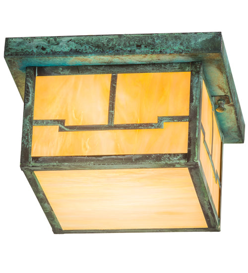 Meyda Lighting Hyde Park 14" Verdigris Valley View Flush Mount Light With Beige Iridescent Shade Glass