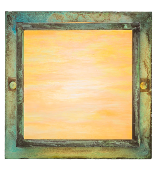 Meyda Lighting Hyde Park 14" Verdigris Valley View Flush Mount Light With Beige Iridescent Shade Glass