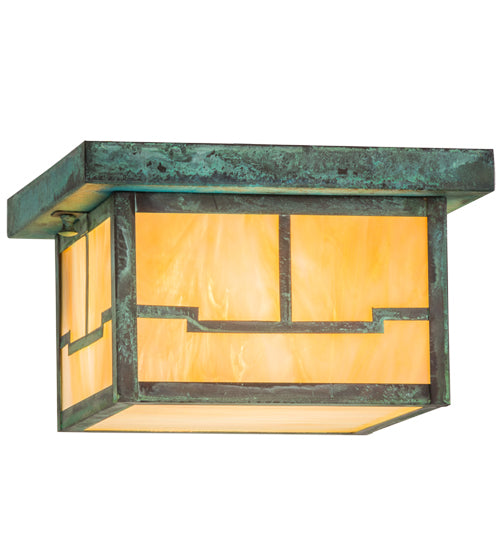 Meyda Lighting Hyde Park 14" Verdigris Valley View Flush Mount Light With Beige Iridescent Shade Glass