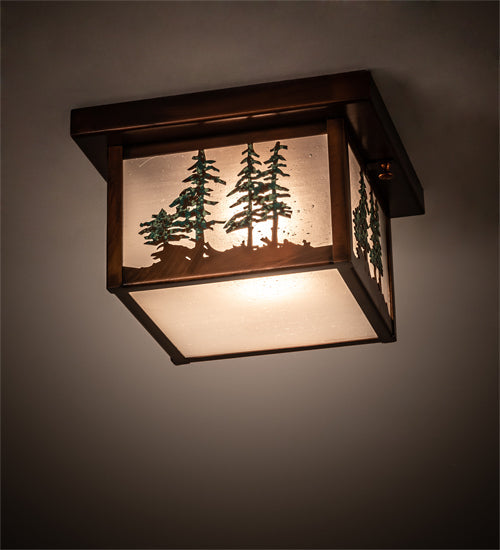 Meyda Lighting Hyde Park 14" Vintage Copper & Green Trees Tall Pines Flush Mount Light With Clear Seeded Shade Glass
