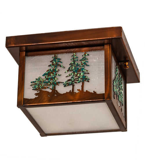Meyda Lighting Hyde Park 14" Vintage Copper & Green Trees Tall Pines Flush Mount Light With Clear Seeded Shade Glass