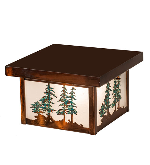 Meyda Lighting Hyde Park 14" Vintage Copper & Green Trees Tall Pines Flush Mount Light With Clear Seeded Shade Glass