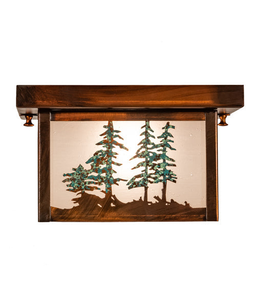 Meyda Lighting Hyde Park 14" Vintage Copper & Green Trees Tall Pines Flush Mount Light With Clear Seeded Shade Glass