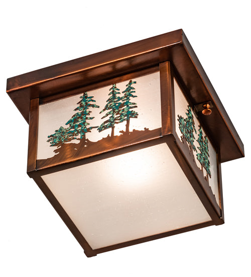 Meyda Lighting Hyde Park 14" Vintage Copper & Green Trees Tall Pines Flush Mount Light With Clear Seeded Shade Glass