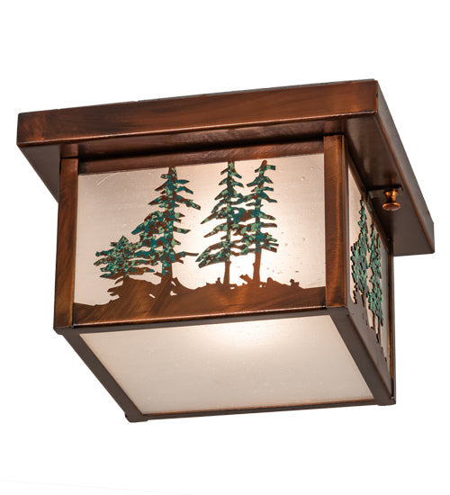 Meyda Lighting Hyde Park 14" Vintage Copper & Green Trees Tall Pines Flush Mount Light With Clear Seeded Shade Glass