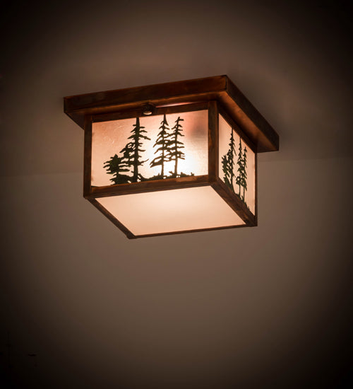 Meyda Lighting Hyde Park 15" Vintage Copper Tall Pines Flush Mount Light With Frosted Seeded Art Shade Glass